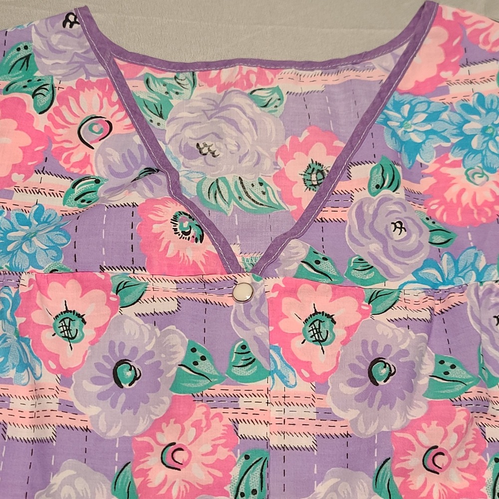 Retro Floral Smock Vest Women XL Purple Pink Snap Front Pockets Grandmacore 90s
